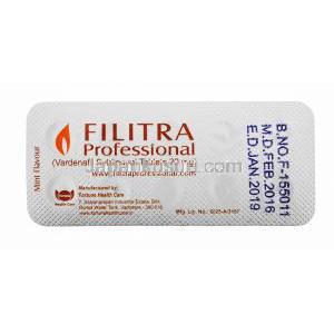 レビトラジェネリック, フィリトラ プロフェッショナル, バルデナフィル 20mg 100錠, シート